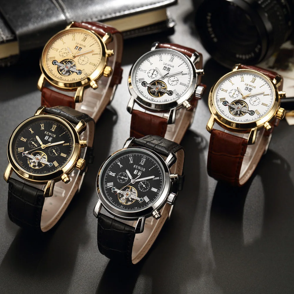 Автоматические механические часы SEWOR Tourbillion черные серебристые деловые