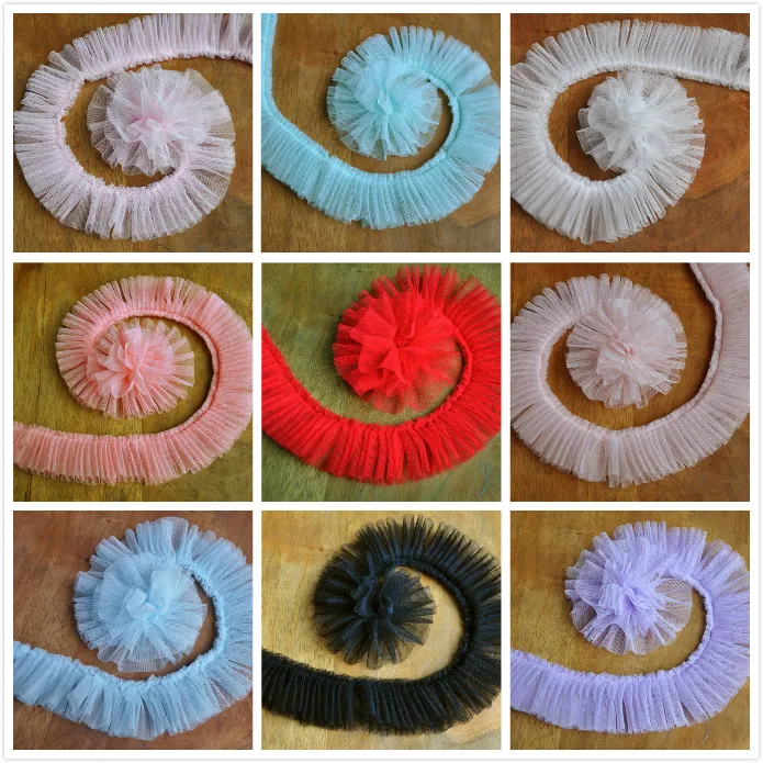 10 ярдов/Лот цветов сетчатая пряжа складки кружевная отделка подол платья 5 см