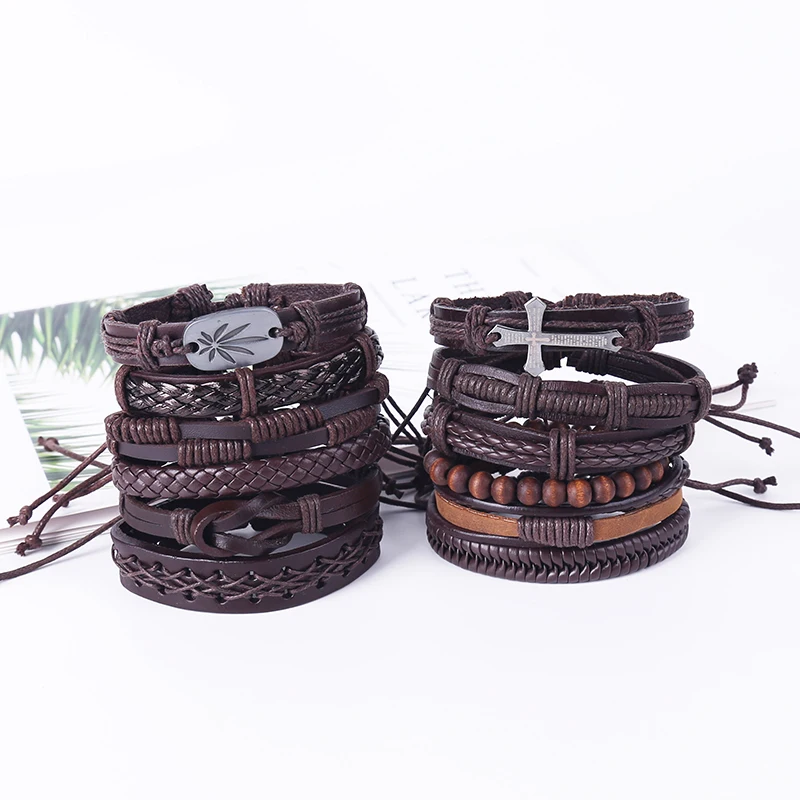 6pcs/set punk hippie dark brown Leather cord braiding knots maple tree leaf tag cross charm Layer wrap Bracelets Bangles for man | Украшения