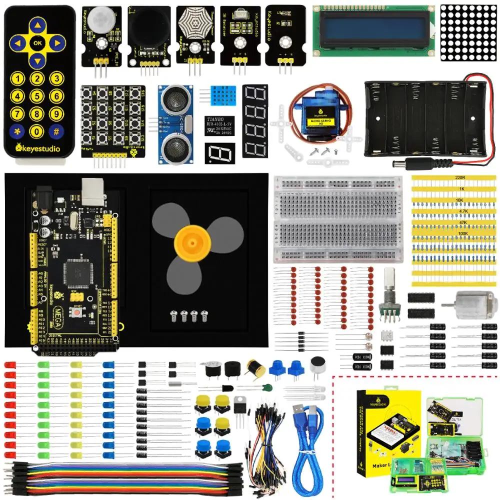 

Стартовый набор Keyestudio Mega Maker для Arduino Mega, стартовый набор с подарочной коробкой + 1602LCD + шасси + PDF (онлайн) + 35 проектов + видео