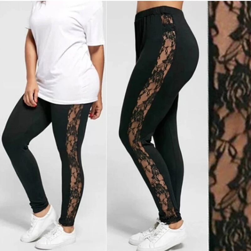 

Sexy High Waist Bandage Insert Sheer Leggings Women Holllow Out Lace Leggings Viscose Elastane Female Plus Size L-3XL Pants