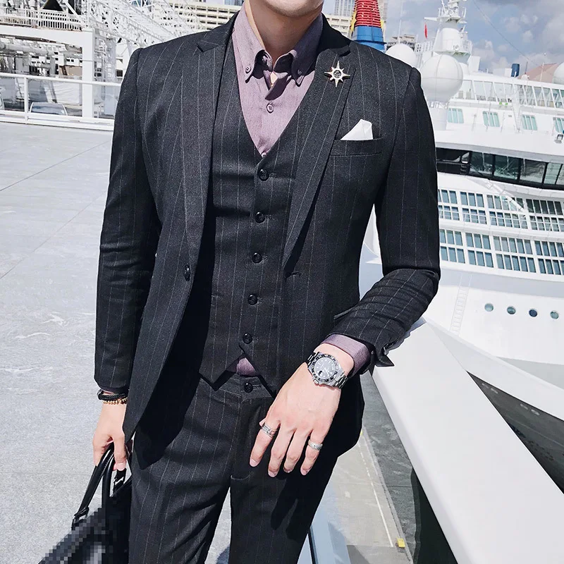 

Spring Men's Professional Striped Slim Suit 3-Pieces Male Tuxedo (Jacket+Pant+vest)