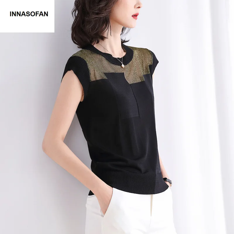 INNASOFAN thin sweater for women Summer knitwear Euro-American fashion chic shiny short-sleeved | Женская одежда