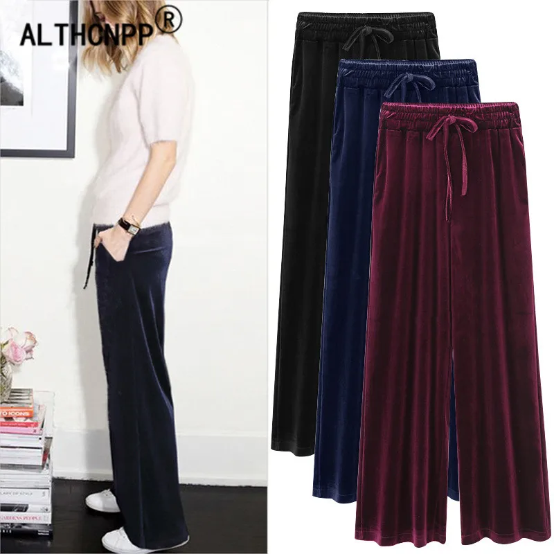 

M-6XL Plus Size Women Pants Female Gold Velvet Pants Casual Loose High Waist Wide Leg Pants Pantalon Femme Pantalones Mujer