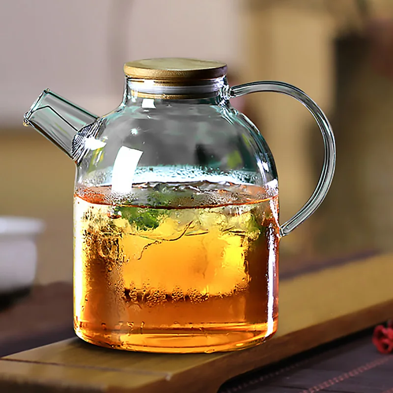 

Стеклянный чайник с бамбуковой крышкой, стеклянный графин, кувшин для горячей или холодной воды, создайте свой следующий чай, холодная вода ...