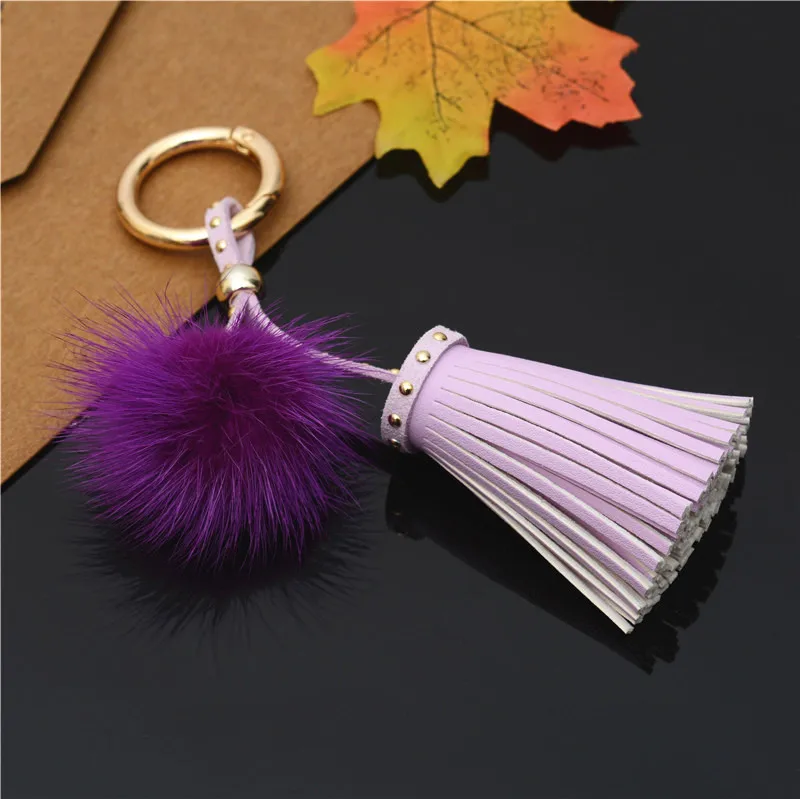 purple Felyskep корейский стиль из искусственной кожи брелоки в виде кисточки с норковым мехом мяч для женщин Сумка или автомобиль подвесные брелоки ювелирные изделия 234WA - Цвет: purple