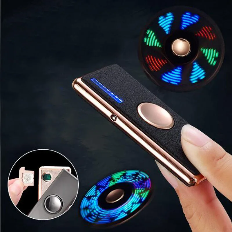 A016 Ultra-thin Fingertip Gyro USB Pulse Electronic Lighter Hand Spinner Flameless Cigarette Lighter 18 Color LED Play Pattern