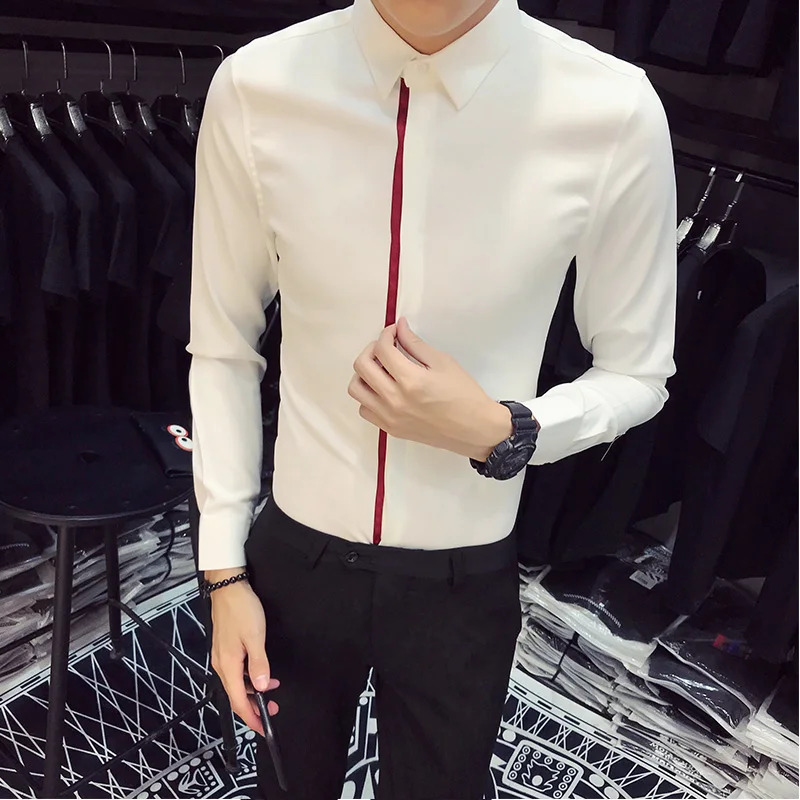 Корейский смокинг Мода Slim Fit простой рубашка Для мужчин с длинным рукавом осень