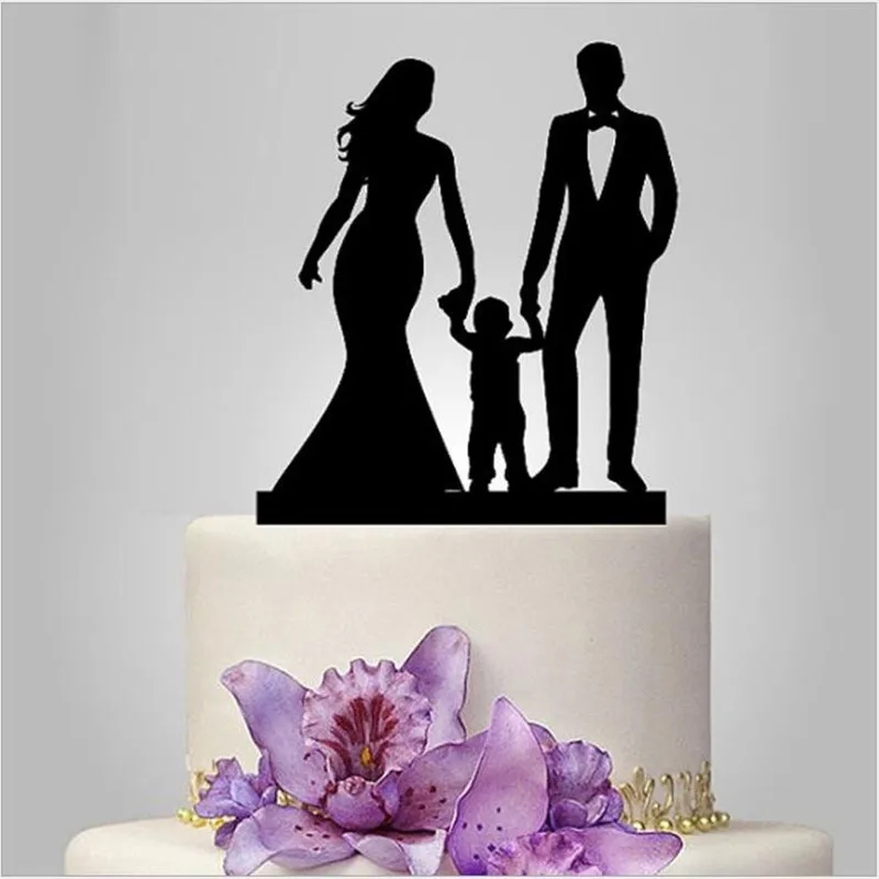 

Happy Family Wedding Cake Toppers with Boy Bride and Groom Silhouette Black Custom Cake Topper Anniversary Party Decoration Gift