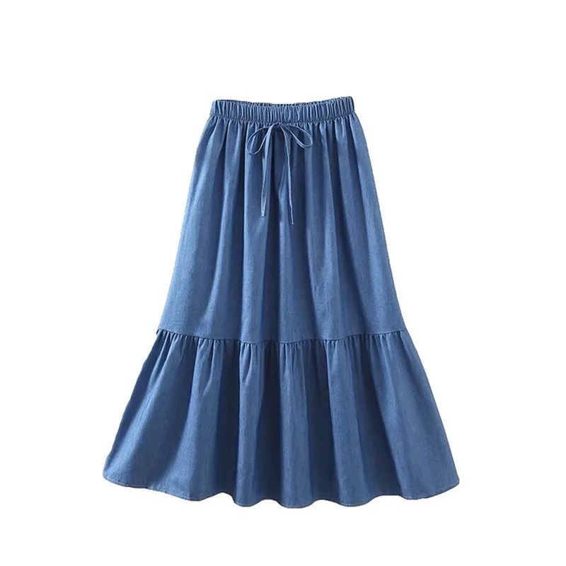 light blue Летние джинсовые юбки с поясом для похудения, свободные юбки с оборками для девушек, повседневные джинсовые юбки в стиле пэчворк размера плюс M-7XL, Vestidos - Цвет: light blue