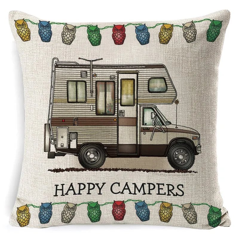 Льняная наволочка «Happy Camper», наволочка с надписью, наволочка с изображением автомобиля для дивана, спальни, украшения дома, 45 см* 45 см, cojines