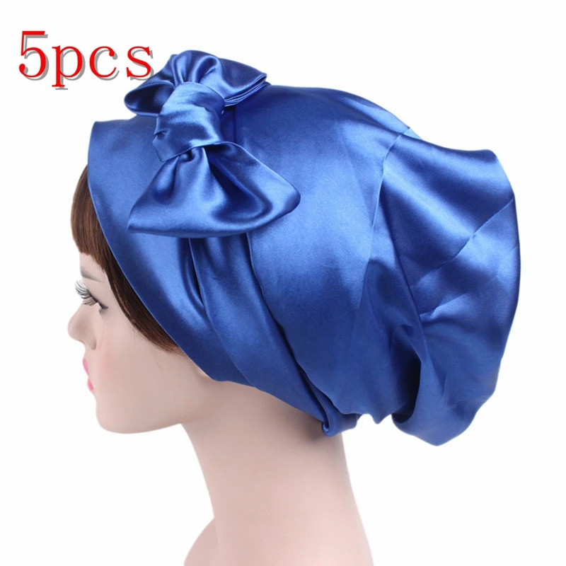 5pcs royal blue 1/2/5/10 шт Мягкий шелк Для женщин ночного сна душ Кепки Регулируемый ухода за длинными волосами капота тюрбан шляпа Мягкая атласная шляпа аксессуары 58 см - Цвет: 5pcs royal blue