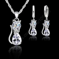lovely 925 sterling silver jewelry sets for women girl gifts cute cat cubic zirconia crystal pendant necklace earrings