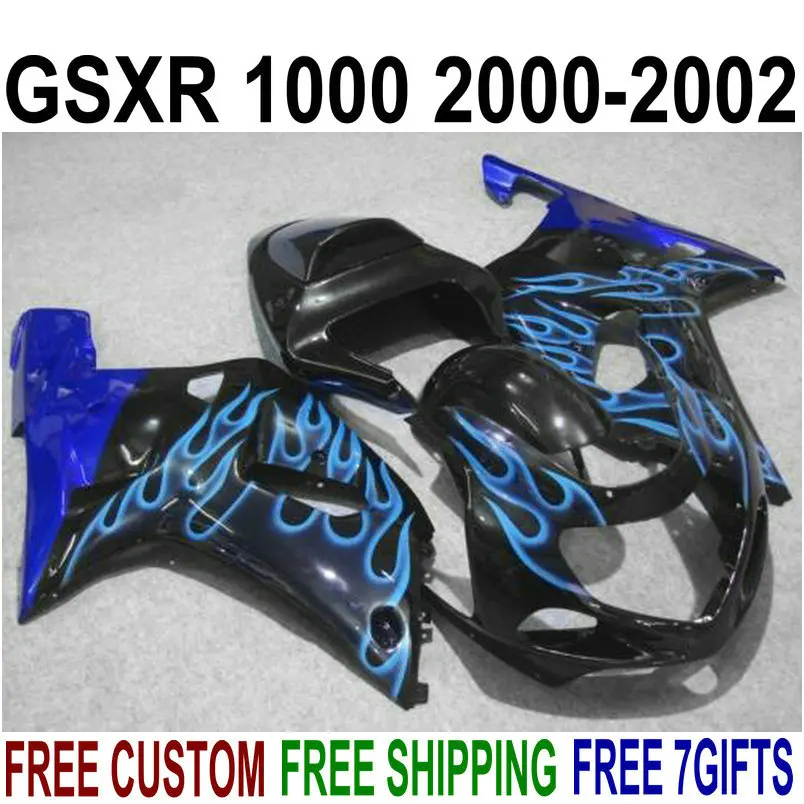 

Лидер продаж, комплект обтекателей для suzuki gsxr1000 00 01 02, Обтекатели для кузова с синим пламенем, черный, GSXR 1000 2000 2001 2002 IV60