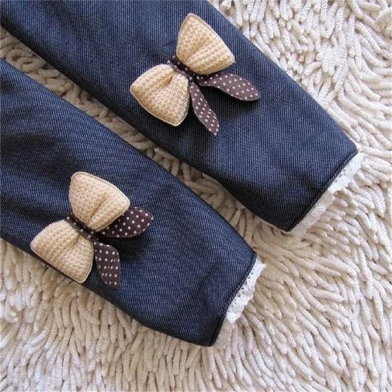 Новые джинсы с бантом для девочек хлопковые детские кашемировые брюки теплые