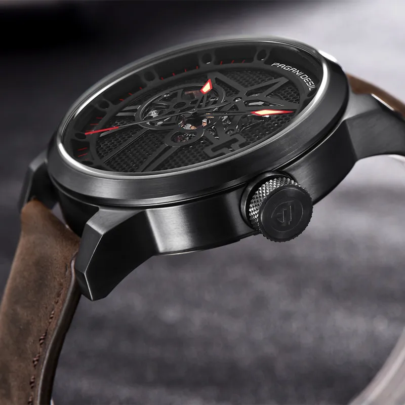 Часы-скелетоны Pagani Мужские механические водонепроницаемые с кожаным ремешком |