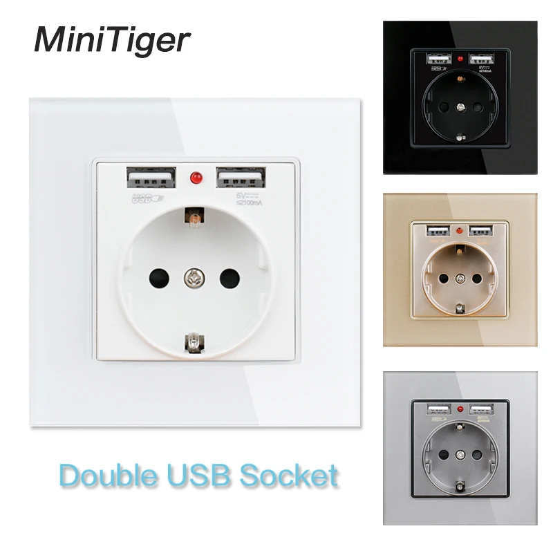 

Minitiger White Crystal Glass Panel Dual USB Charging Port 2.1A 16A Russia Spain USB Wall Socket EU Power Outlet