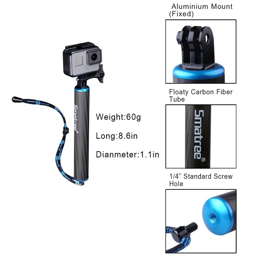 Smatree F1 Водонепроницаемая плавающая рукоятка из углеродного волокна для GoPro Hero