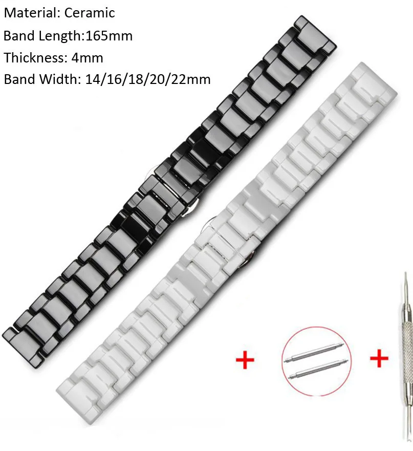

14mm 16mm 18mm 20mm 22mm Ceramic Watch Band For Samsung Galaxy Watch 42mm 46mm Gear S2 S3 Butterfky Buckle Watch Strap With pins