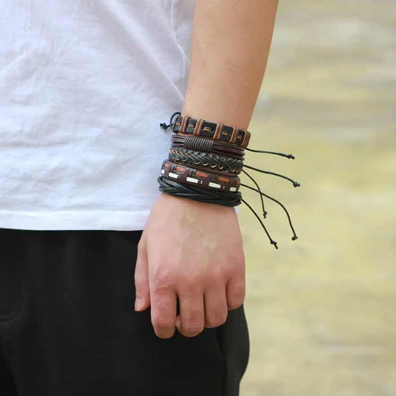 5pcs/set hippie punk black brown orange braiding leather band cord wrap multi layers bracelets bangles set for man | Украшения и