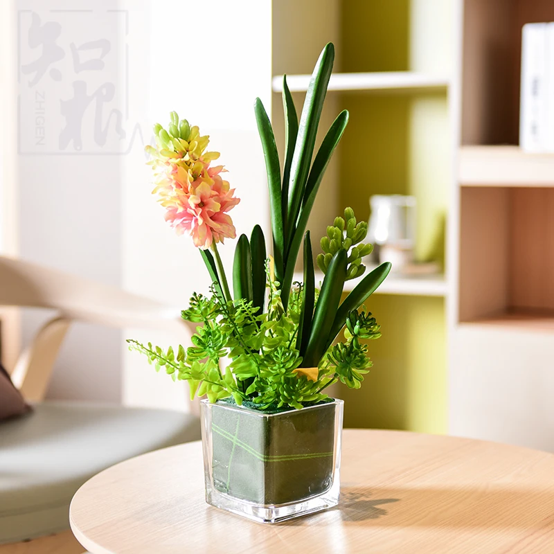 

Glass Vase and Hyacinth Flower Set Home Event Party Decorative Artificial Hyacinth Flower Green Plants Living Room Decoration