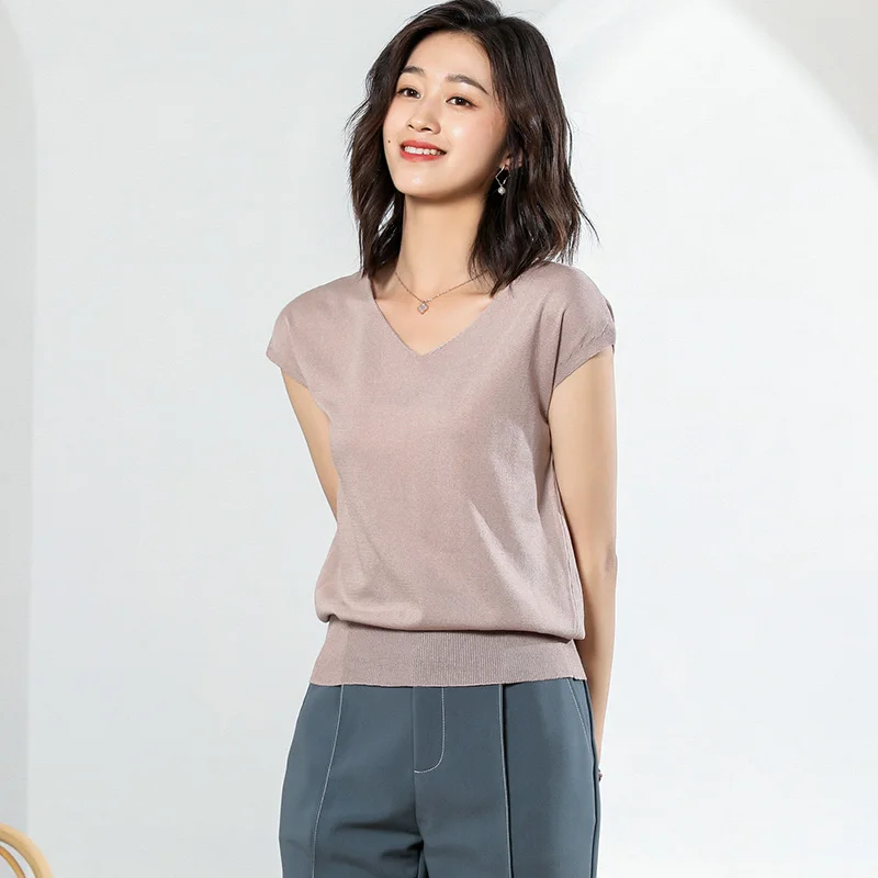 BELIARST 2019 Summer New Ice Silk Short-sleeved Woman V-neck Sweater Slim Sleeveless Pullover Thin Section Large Size | Женская одежда