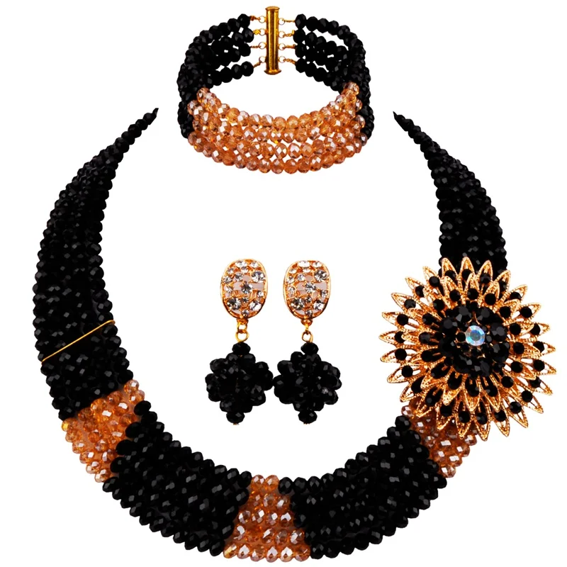 

Fashion Engagement Crystal Beads Jewelry Sets Black Champagne Gold AB Women Crystal Necklace Sets Romantic Necklace 5C-SJ-03