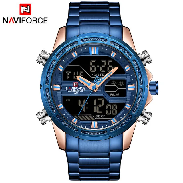 Blue NAVIFORCE Мужские кварцевые светодиодный цифровые часы мужские синие полностью стальные военные наручные часы мужские водонепроницаемые часы - Цвет: Blue