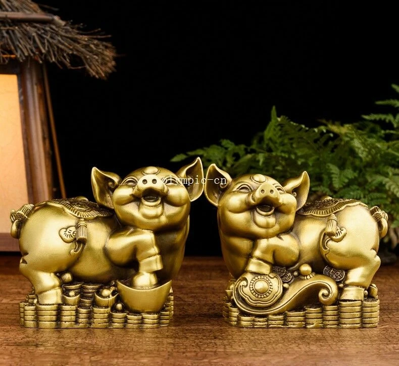 

Pair 10'' brass copper home fengshui treasure wealth pig statue