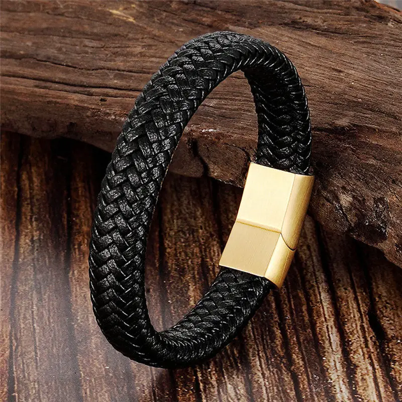 New Punk Style High Quality Leather Bracelet Black Woven Leather Gold Silver Stainless Steel Bracelets For Men And Women Jewelry - Окраска металла: Goold