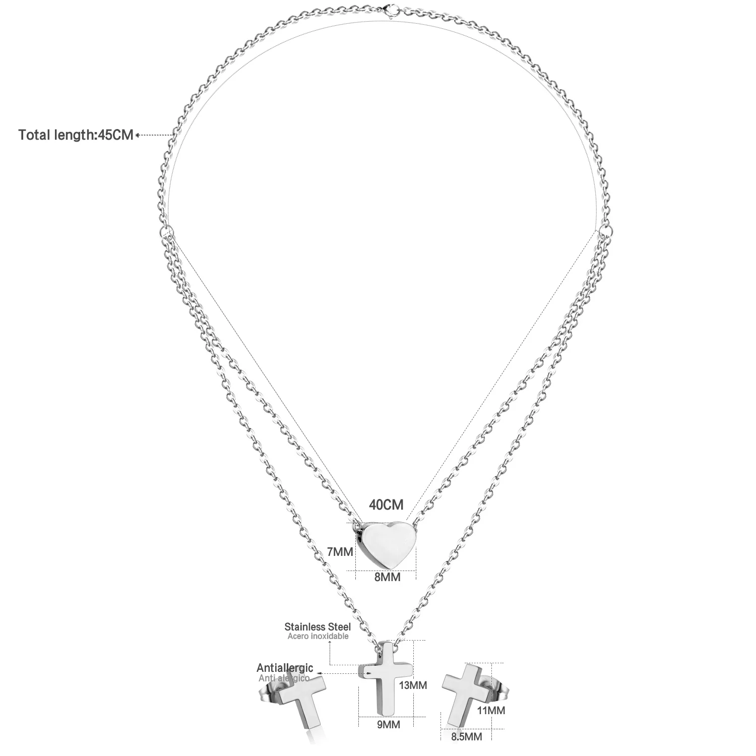 Женский комплект украшений LUXUSTEEL сережки с крестом сердечками из нержавеющей