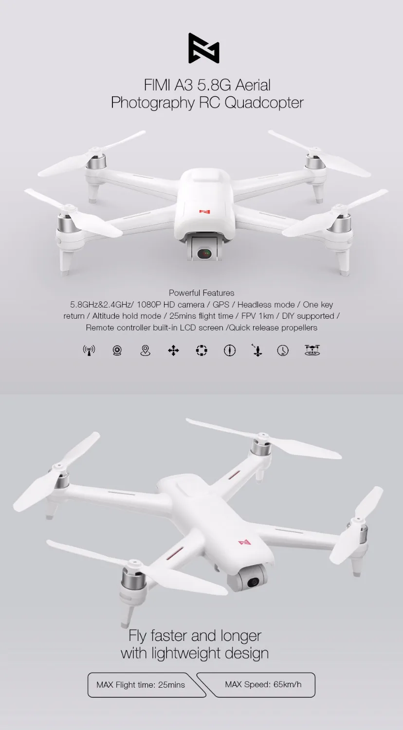 Xiaomi FIMI A3 5,8G gps Дрон 1 км с видом от первого лица 25 минут с 2-оси Gimbal 1080P Камера RC Quadcopter RTF Follow Me(следуй за мной