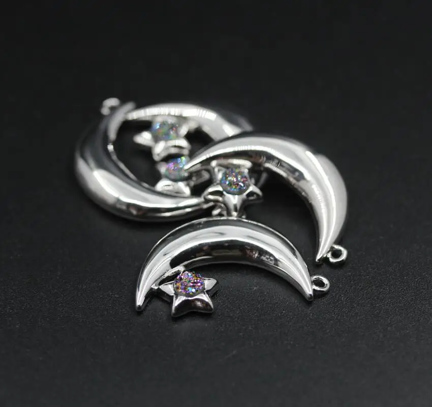 New!!! Crescent Moon&ampStars Inlay Rainbow Agates Druzy Round Beads Copper Plateds Silver Pendants Geode Quartz Drusy Charms | Украшения и