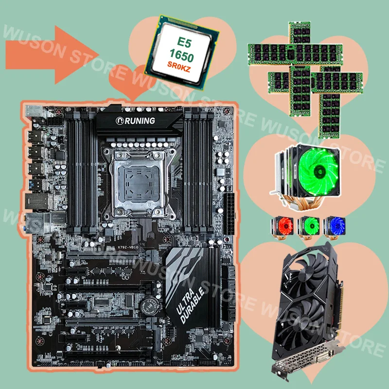 Runing X79 материнская плата с 8 слотами RAM CPU Xeon E5 1650 C2 3 2 GHz кулером 4*16G 1600 RECC GPU GTX1050TI 4G