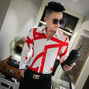 Одежда высшего качества простые Для мужчин рубашки брендовая обтягивающая футболка с печатным узором Для мужчин с длинным рукавом для ночного клуба вечерние рубашка-смокинг универсальные блузка Homme