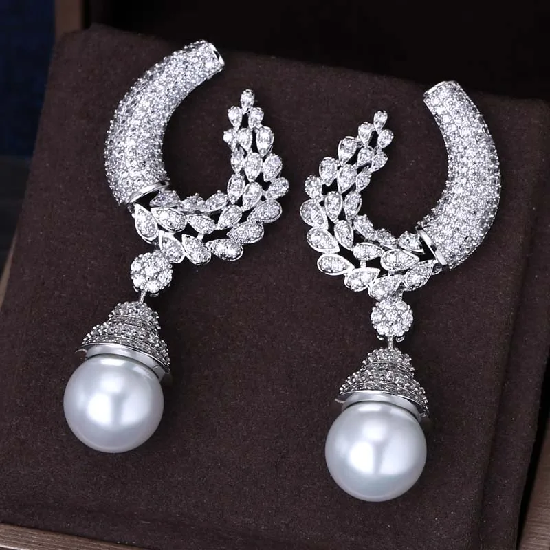 Новый Дизайн Роскошный топ micro pave жемчужные серьги из циркона для женщин высокое