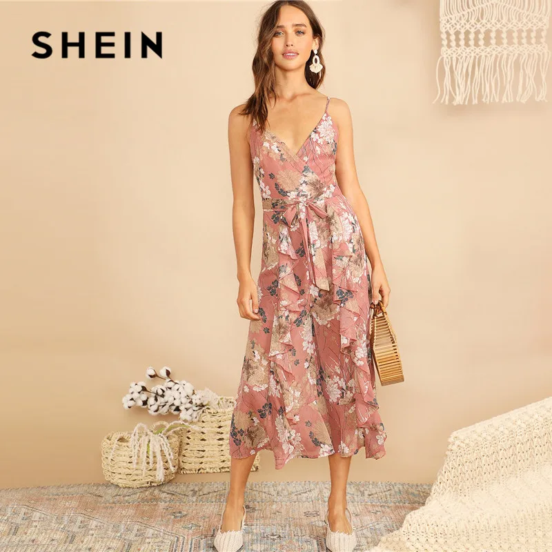Шеин Boho Surplice Neck Botanical Ruffle Cami широкий комбинезон для женщин глубокий v-образный вырез без рукавов сексуальный комбинезон летний комбинезон