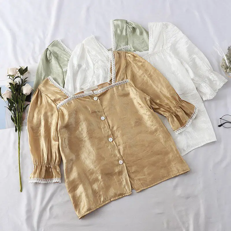 2019 Summer Fashion Streetwear Vintage Style Square Collar Metallic Satin Blouse Women Blusas Sweet Girls Shirt Tops |