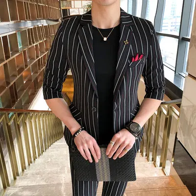 Slim Fit костюм для мужчин половина рукава белый красный в полоску черный 2 шт. Пром
