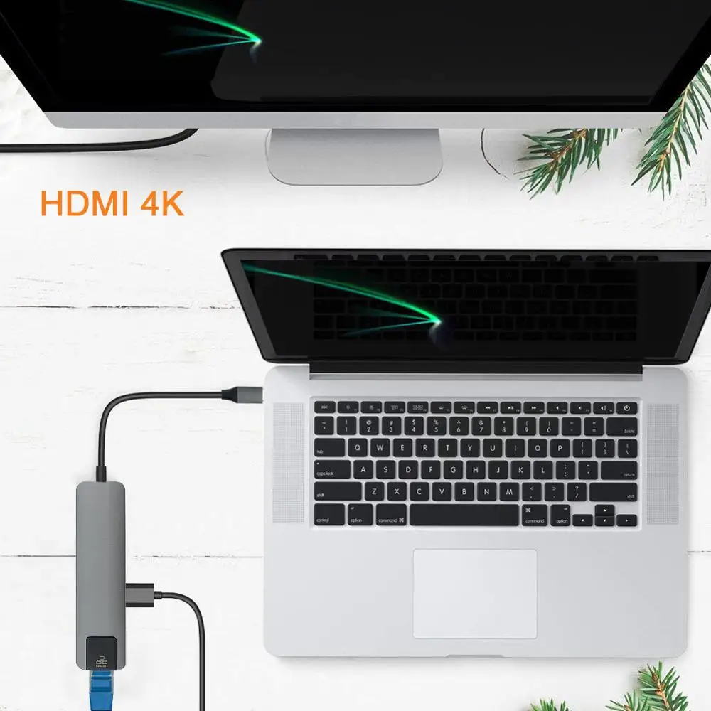 Адаптер USB C к Gigabit Ethernet RJ45 Lan Type HDMI 4K с 2 портами 3 0 хаб для Macbook Pro iPad Pro|USB-хабы| |