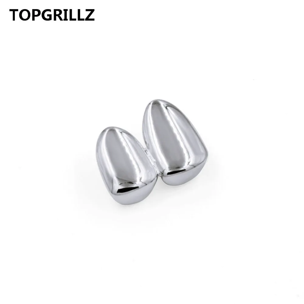 TOPGRILLZ Double Caps Yellow Gold Color Plated Grillz Canine Plain Two Teeth Right Top Single Caps Grills