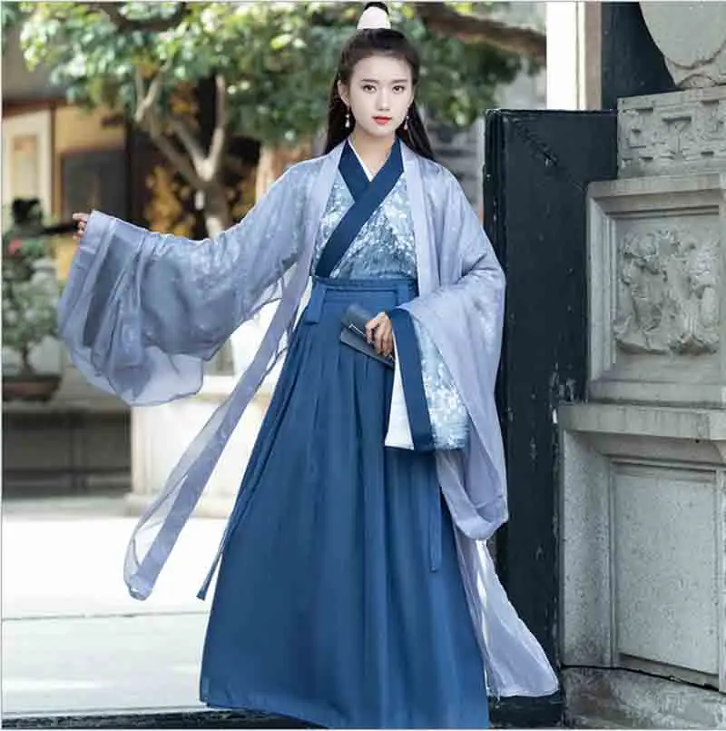 Костюм для пар Hanfu древний китайский винтажный синий комплект Fantasia взрослый