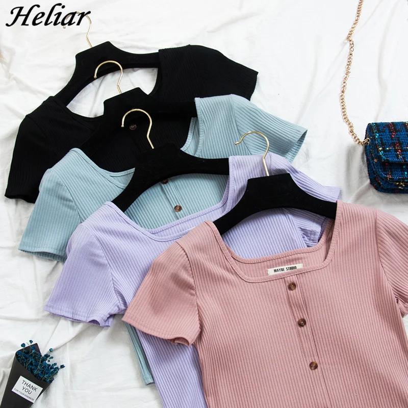 

HELIAR 2019 Summer Women T-shirt Square Collar Knitting T-shirt With Button Cotton Ladies Fashion Solid T-shirt Short Sleeve