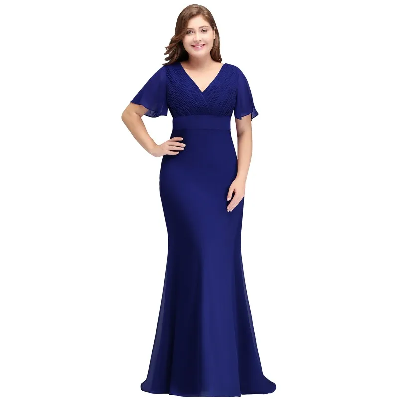 Royal Blue Шифоновое платье русалки размера плюс, длинное платье для выпускного вечера, v-образный вырез, короткий рукав, платье vestidos de gala - Цвет: Royal Blue