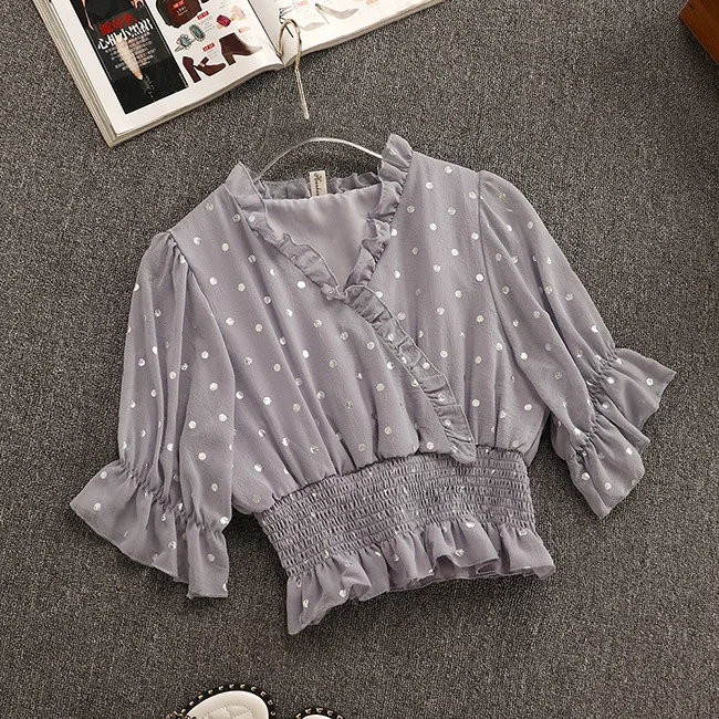 Женская блузка в горошек с V образным вырезом и плиссированная шифоновая юбка