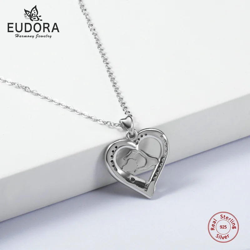 

EUDORA 925 Sterling Silver Mother love Crystal CZ Necklace Heart Pendant Chain for Women's Jewelry luxury Collar for MOM Gift