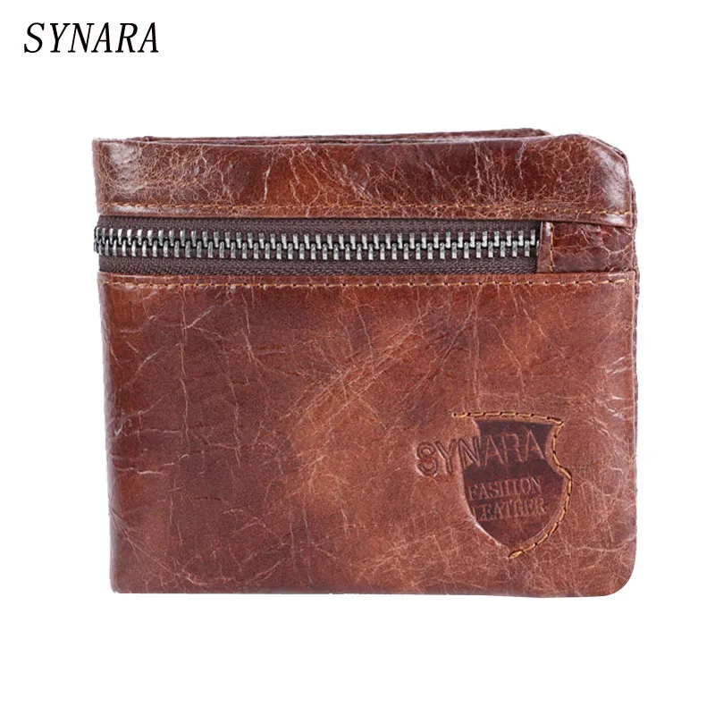 

SYNARA Genuine Leather Mens famous Brand Wallets with Zipper Coin Pocket Designer Bifold Short Boy Purse
