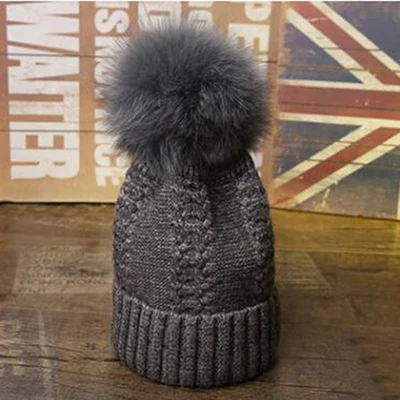 Women Dark Grey Модные новые помпоны из лисьего меха и норки, 15 см, Skullies Beanies, шапки для женщин и детей, зимние однотонные шерстяные теплые шапки Skullies Beanies - Цвет: Women Dark Grey
