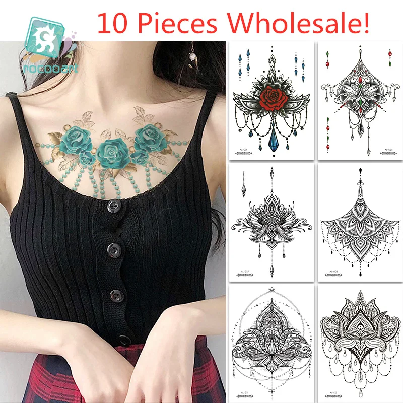 

10pcs Wholesale Chest Body Tattoo Temporary Waterproof Jewelry Lace Totem pattern Decal Waist Women Art Tattoo Sticker