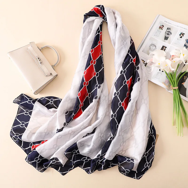 Клетчатая цепь шелковая шаль шарф с модным цифровым принтом Echarpe Foulard Femme Пашмина